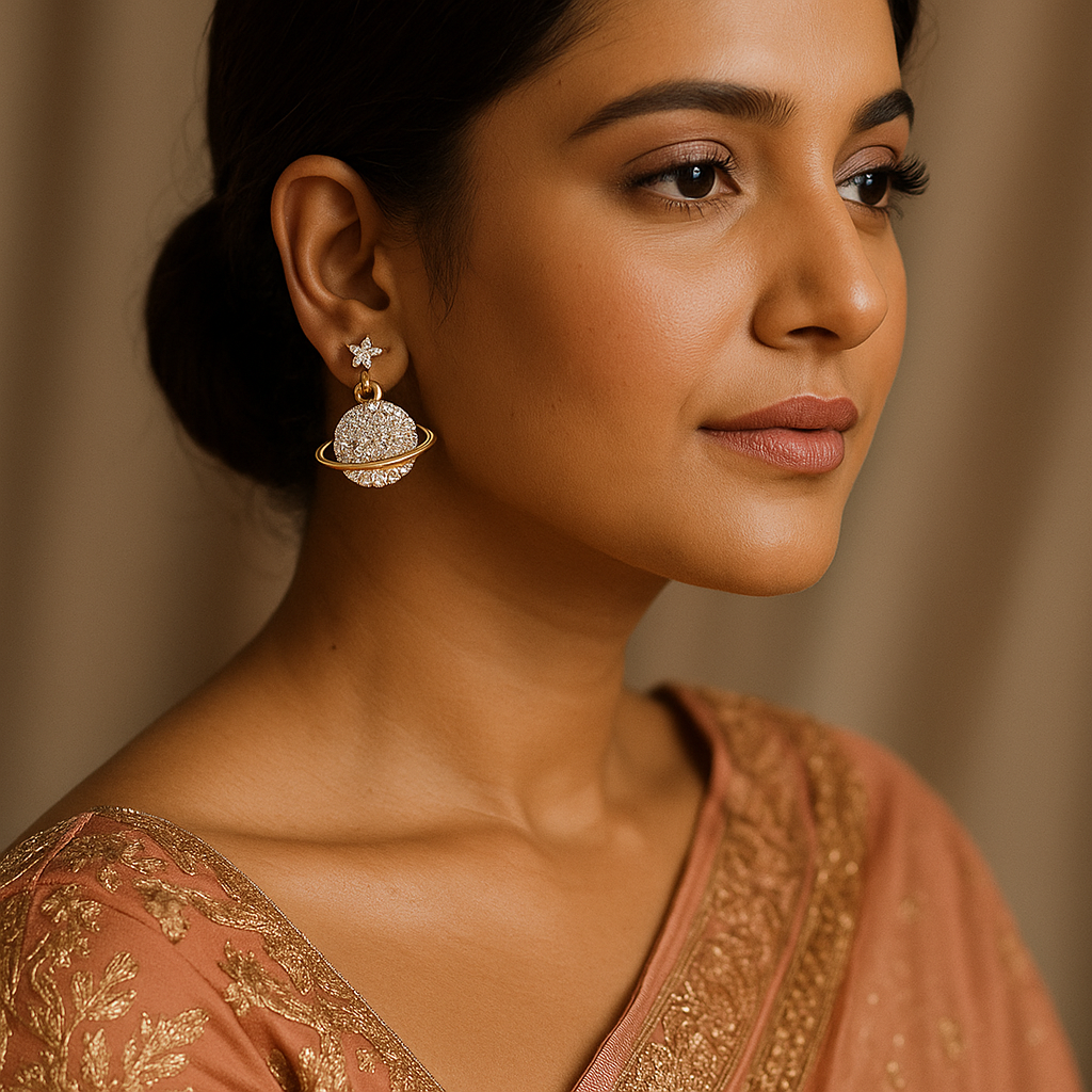 Woman wearing a decorative earring with a blurred background