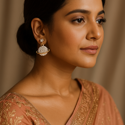 Woman wearing a decorative earring with a blurred background