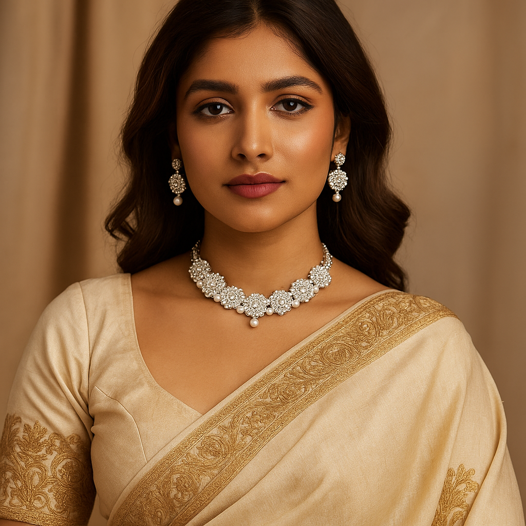 Woman wearing a beige saree with gold embroidery and Indian Ethnic Traditional jewelry set with earrings against a beige background