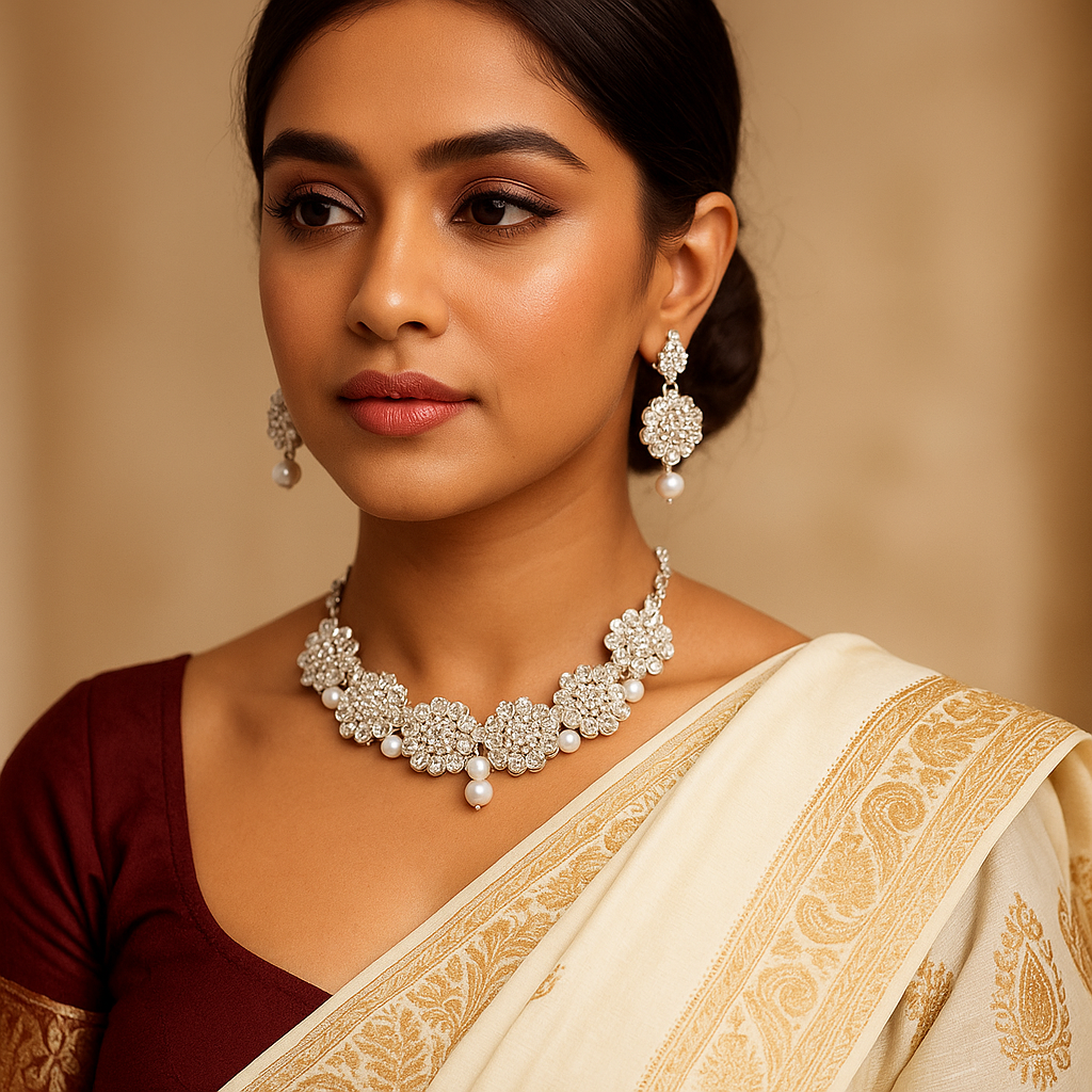 Woman wearing a white saree with gold border and silver jewelry against a beige background