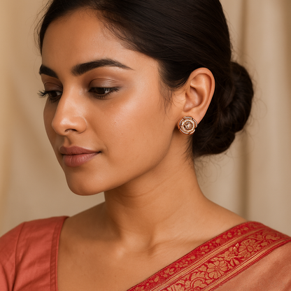 Woman wearing gold earrings with a neutral background