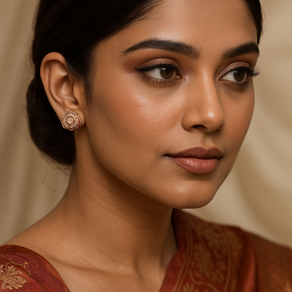 Close-up of a woman wearing earrings with a neutral background