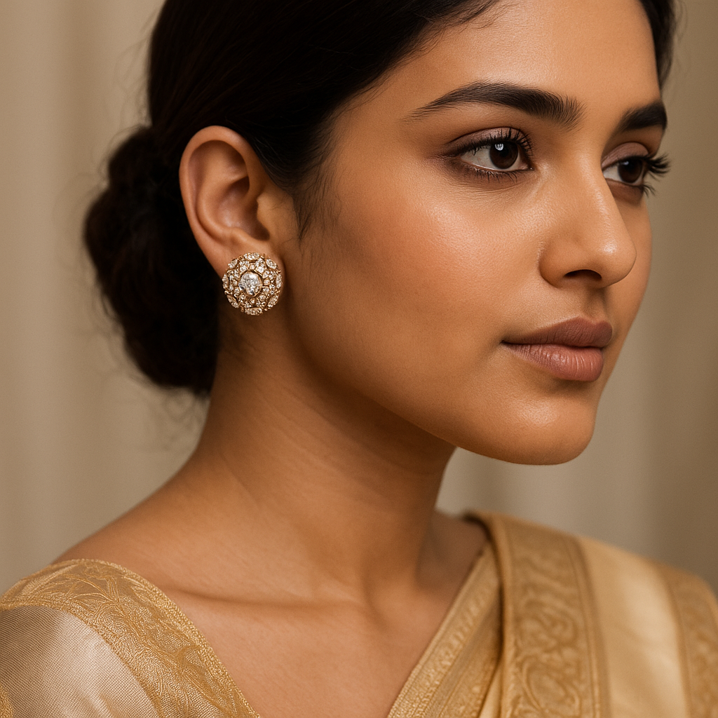 Woman wearing gold earrings and a traditional outfit with a neutral background