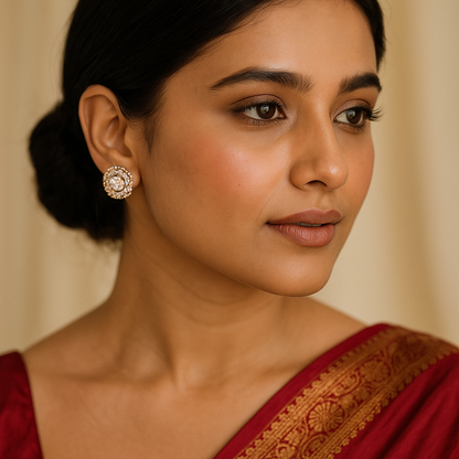 Woman wearing a red saree with gold patterns, close-up of her face and earrings.