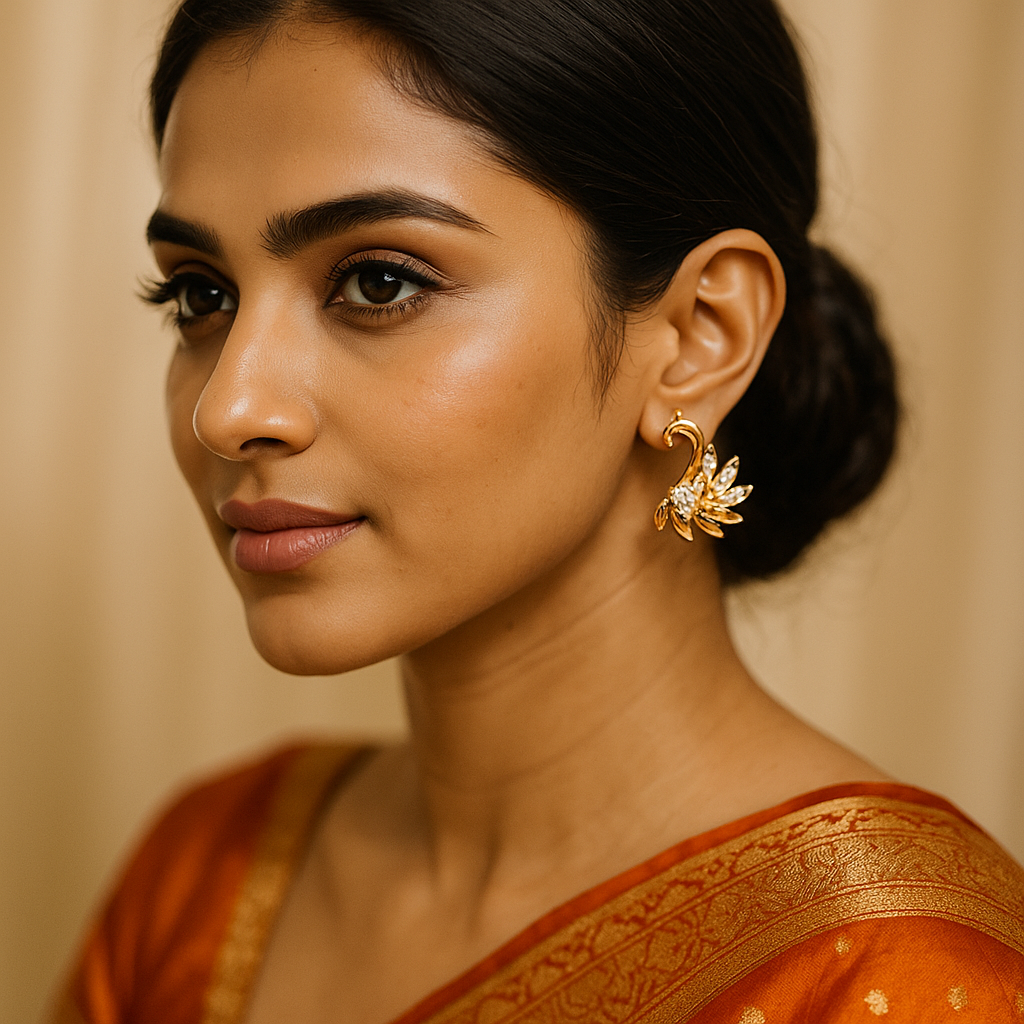 Woman wearing gold AD indian ethnic earrings and an orange saree against a beige background