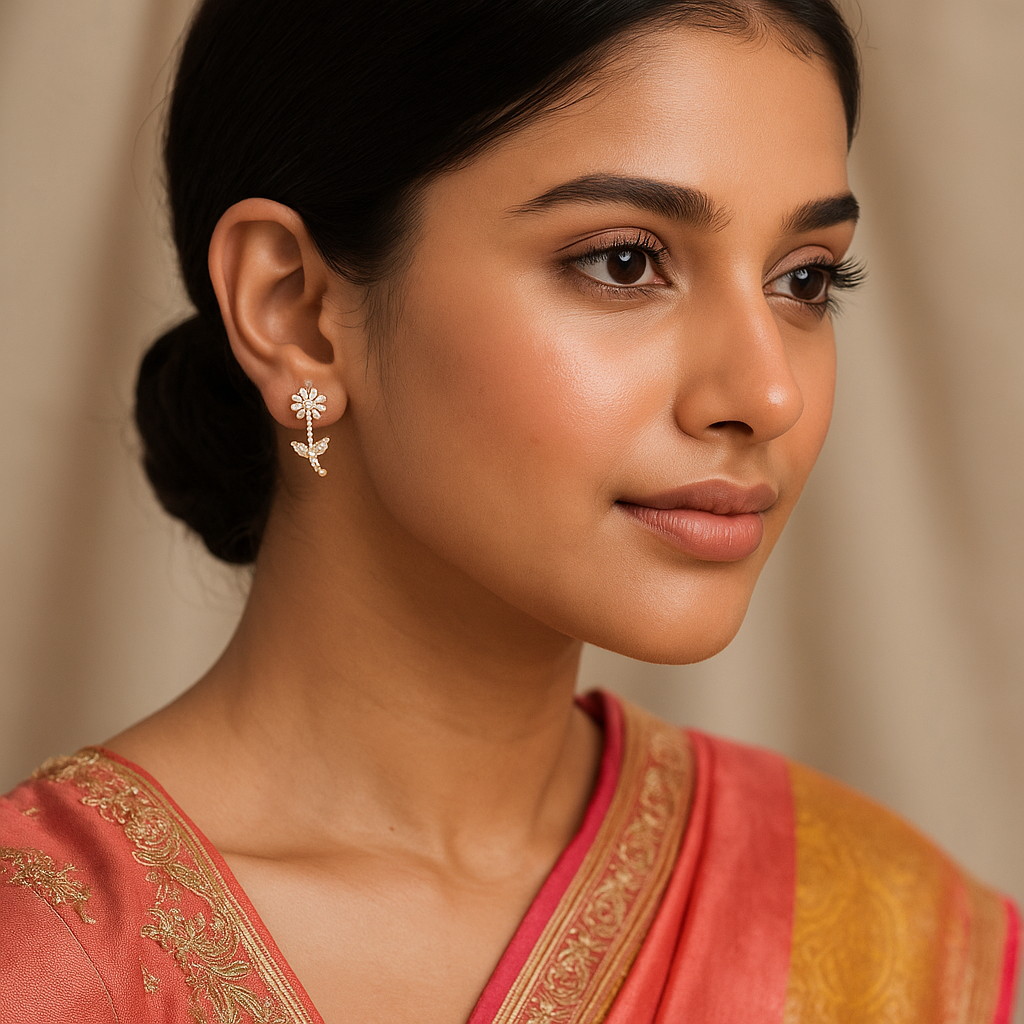 Woman wearing a traditional saree with a neutral background