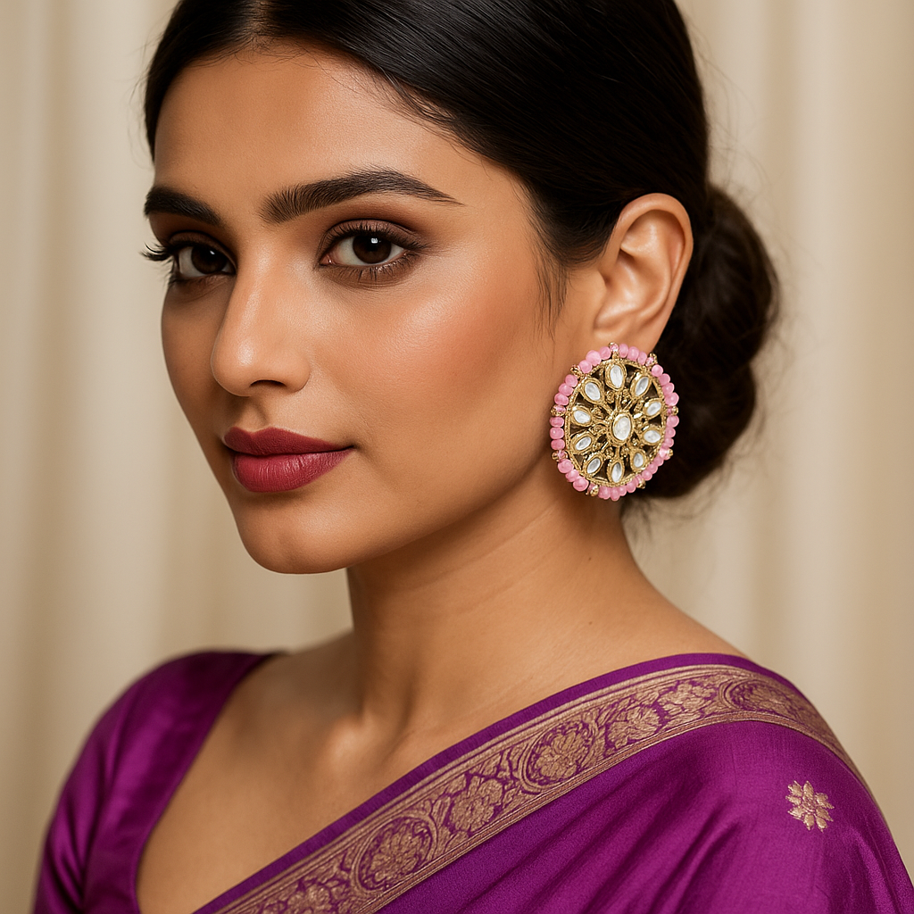 Woman wearing a purple saree with gold patterns and large Indian Style cora earrings.