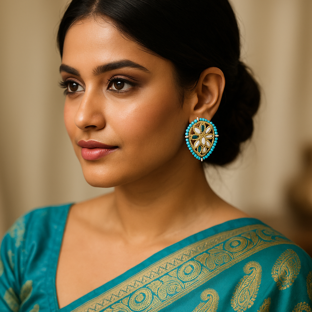 Woman wearing a blue saree with gold patterns and turquoise earrings.