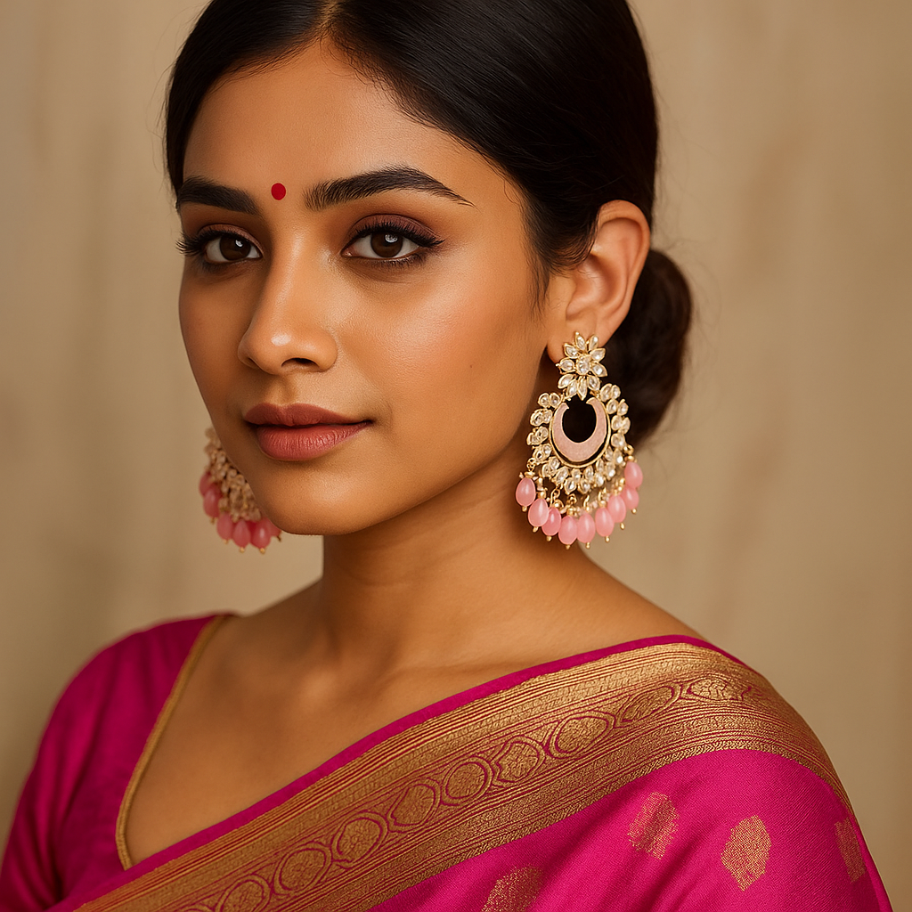 Woman wearing a pink saree with gold border and large earrings against a beige background