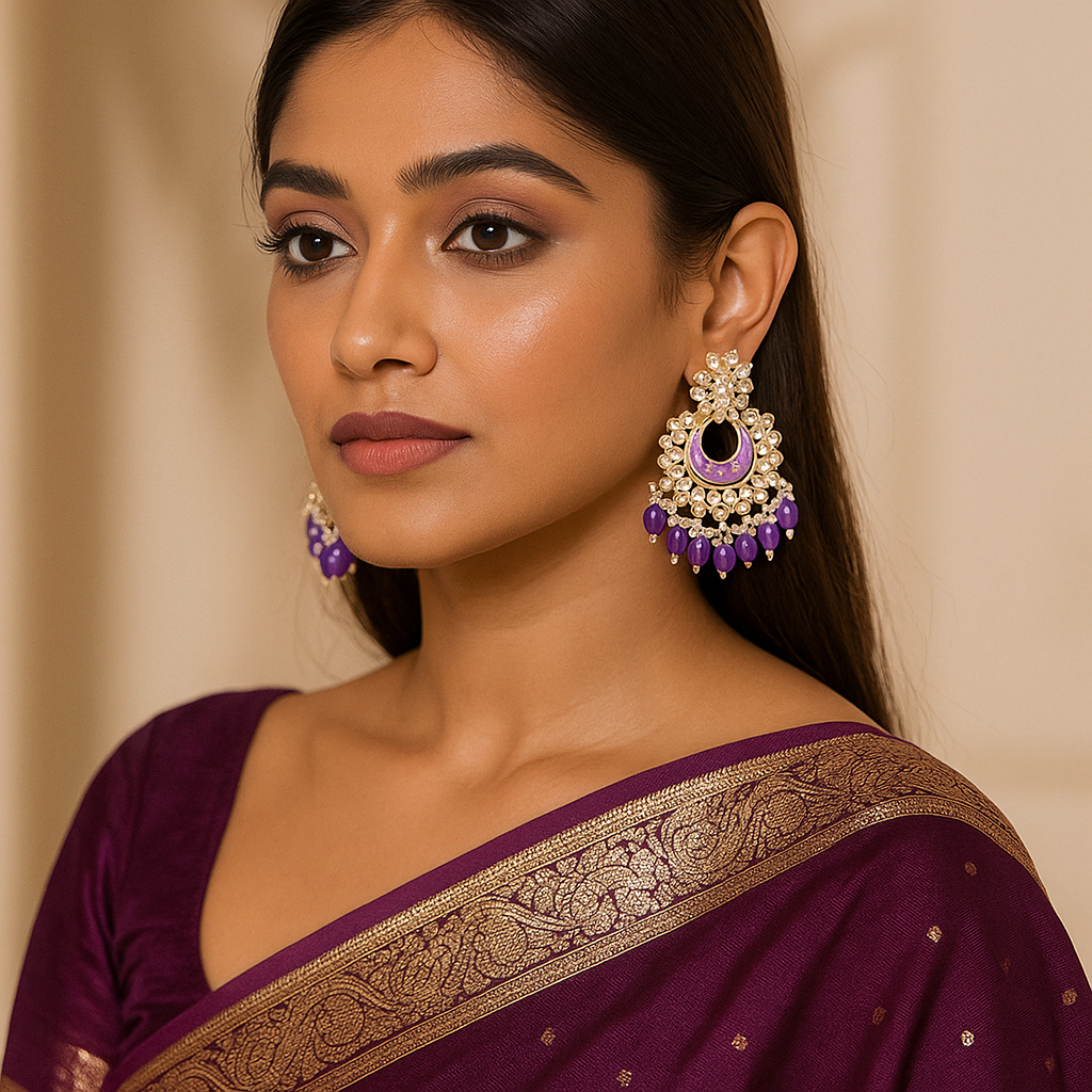 Woman wearing a purple saree with gold border and purple Chandbali Indian Traditional earrings against a beige background