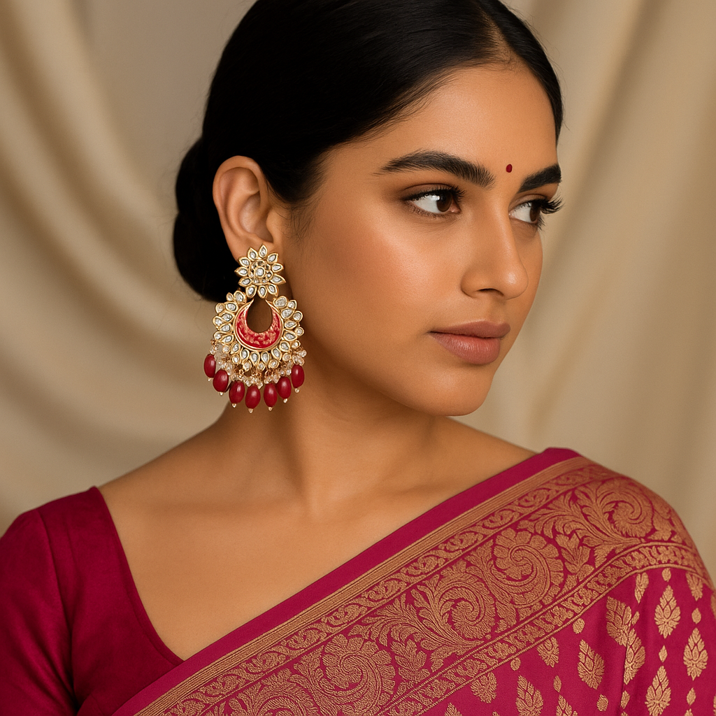 Woman wearing a red saree with gold patterns and large Berry Chandbali Earrings against a beige background