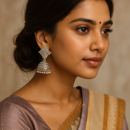 Woman wearing traditional Indian Meenakari earrings with a neutral background