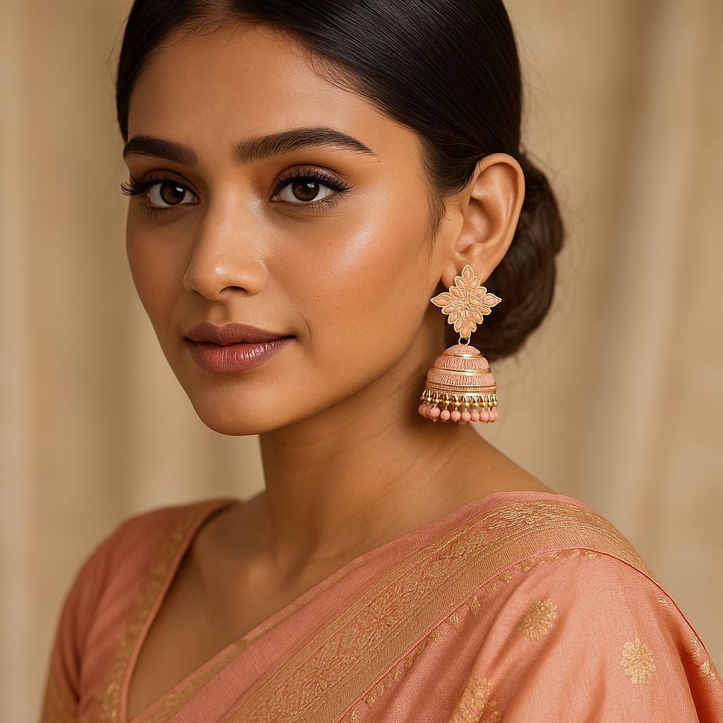 Woman wearing a traditional saree with a floral jhumka earring against a beige background