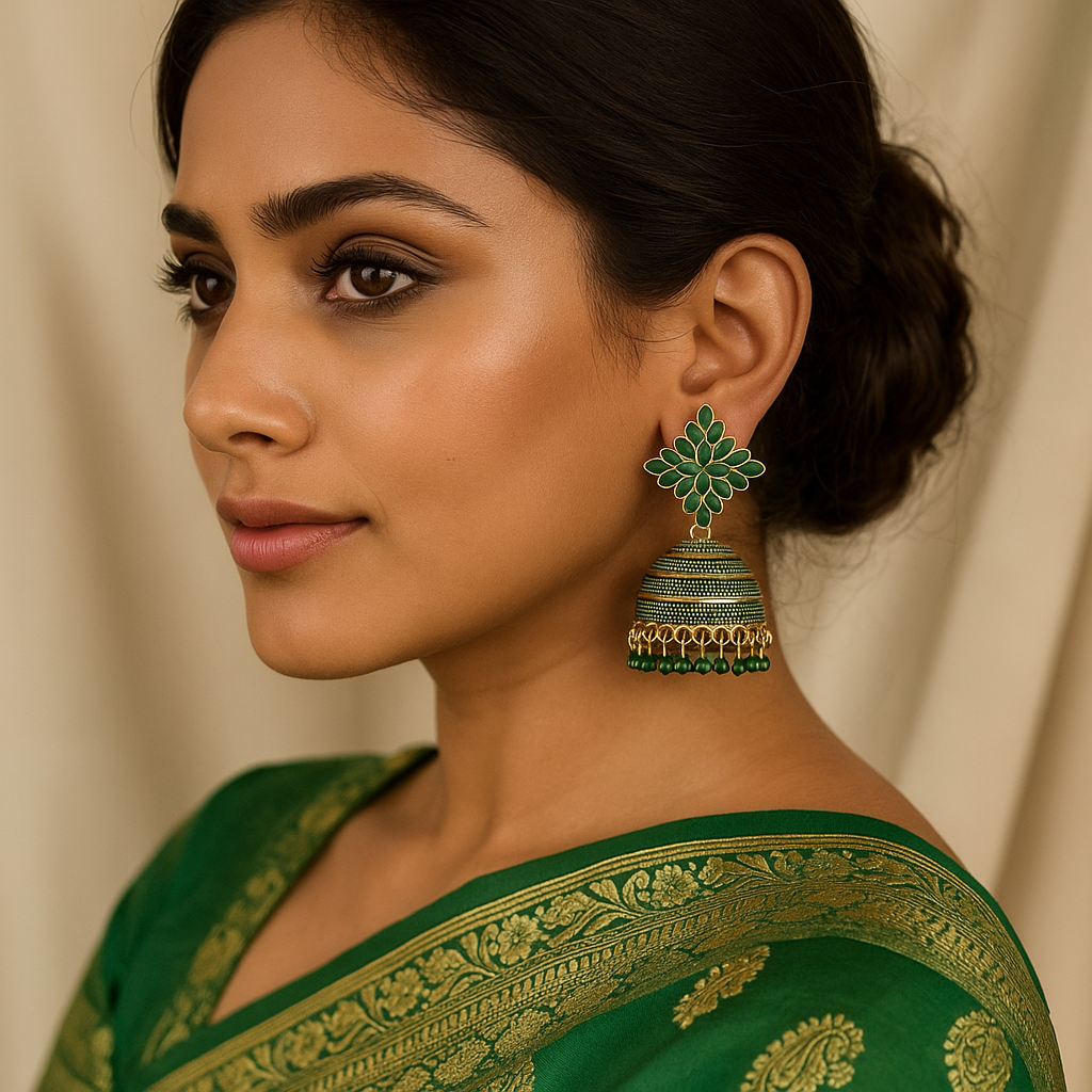 Woman wearing a green and gold traditional outfit with a close-up of an INDIAN Traditional ethnic jhumka earring.