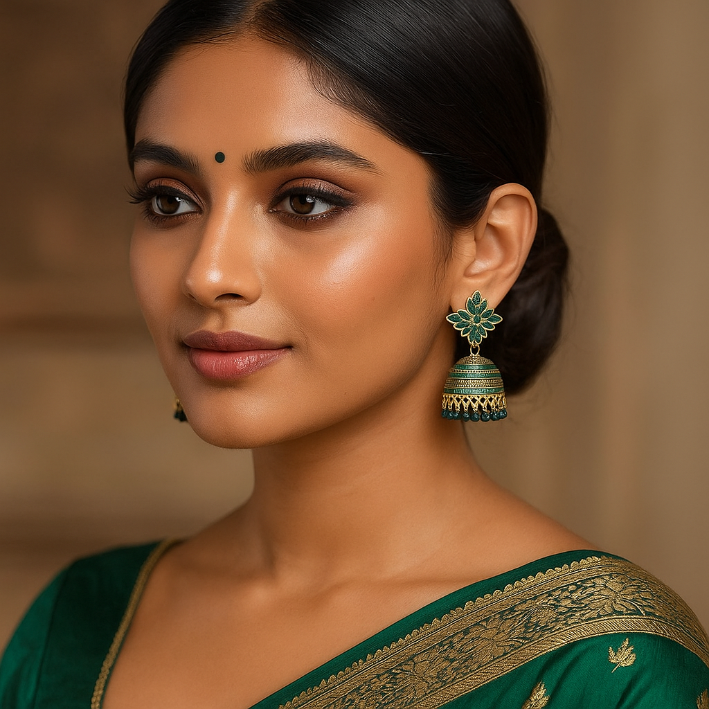 Woman wearing a green saree with gold details and green Indian Bridal Jhumka earrings against a neutral background