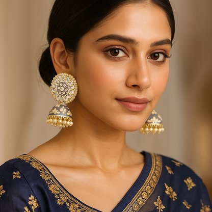 Woman wearing large, ornate Indian traditional jhumka earrings with a neutral background