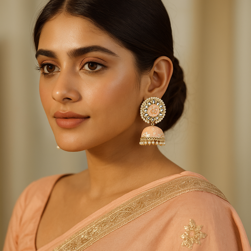 Woman wearing a peach saree with gold embroidery and jhumka earrings against a beige background