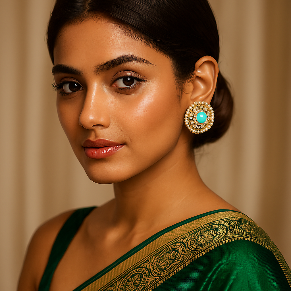 Woman wearing a green saree with gold border and turquoise earrings against a beige background