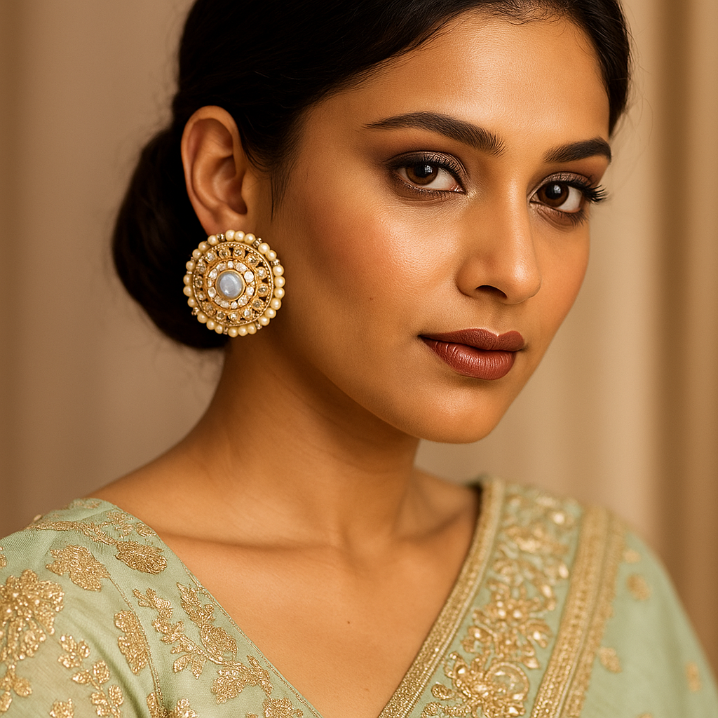Woman wearing gold Indian Traditional Jhumka earrings and a green embroidered outfit against a beige background