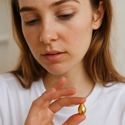Woman holding a gold-colored supplement capsule close to her face