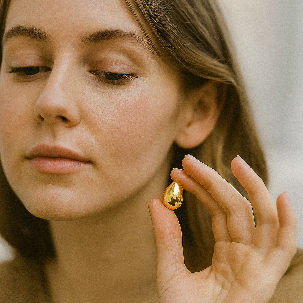Woman holding a gold earring close to her face