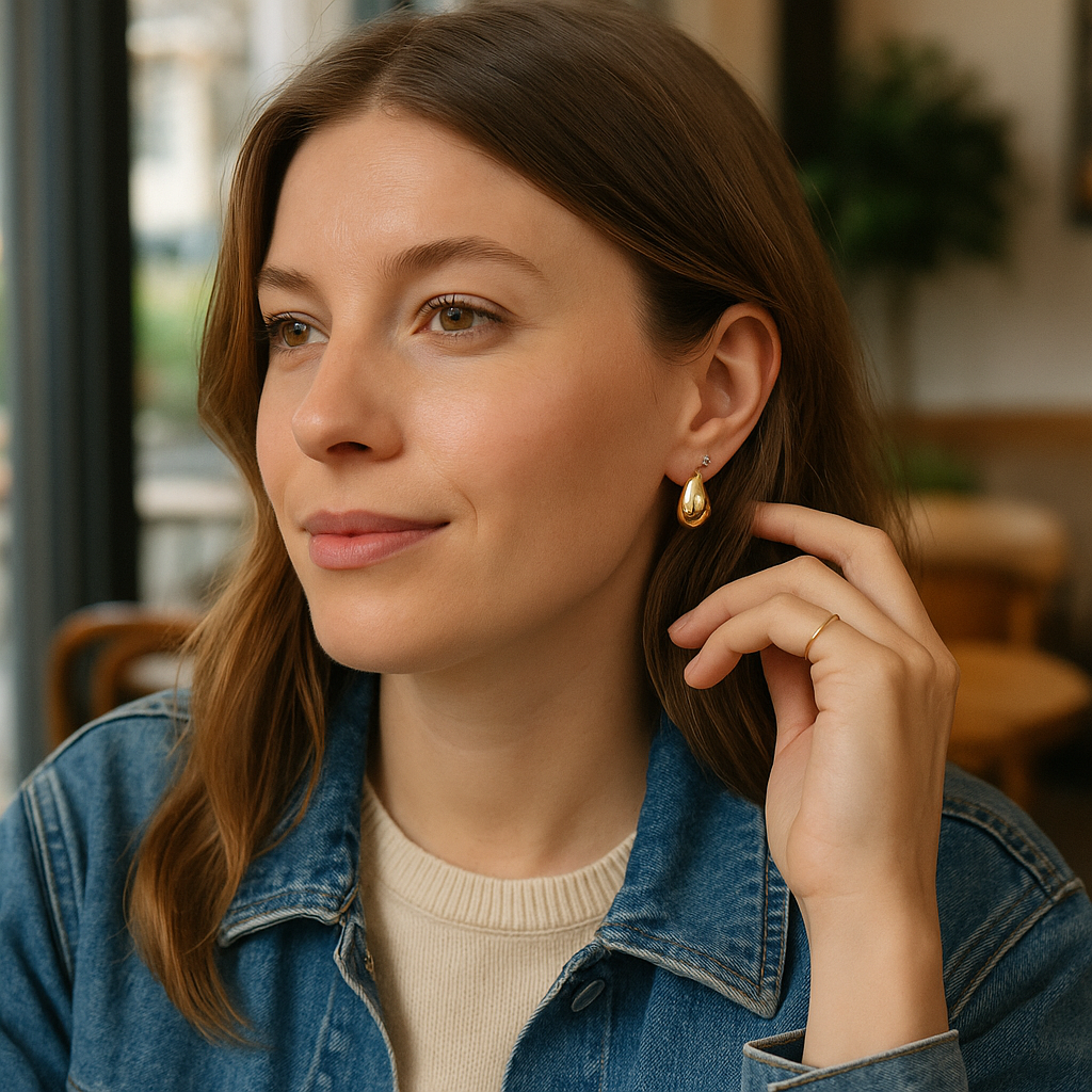 Woman wearing gold earrings in a casual setting