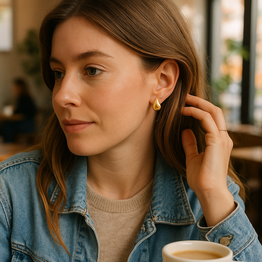 Woman adjusting an earring with a blurred cafe background