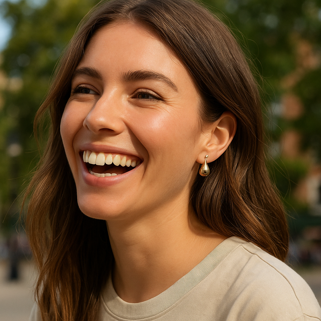 Woman with a bright smile outdoors with blurred background