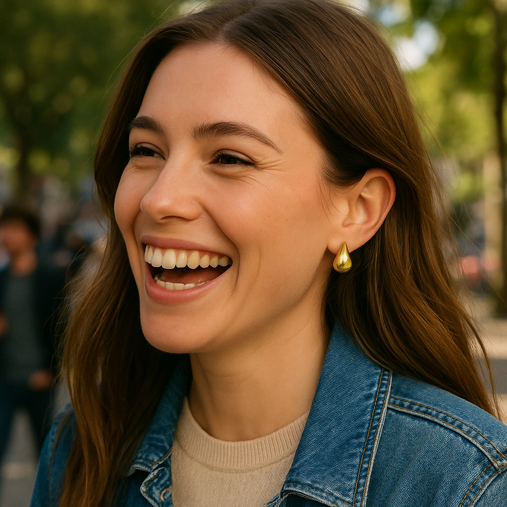 Woman with a big smile wearing a denim jacket outdoors
