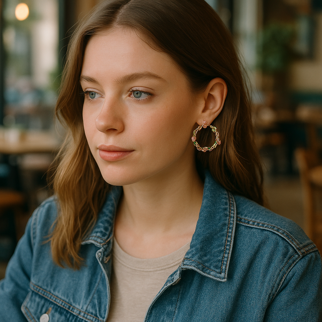 Woman wearing a denim jacket and Gold hoop earrings in an indoor setting