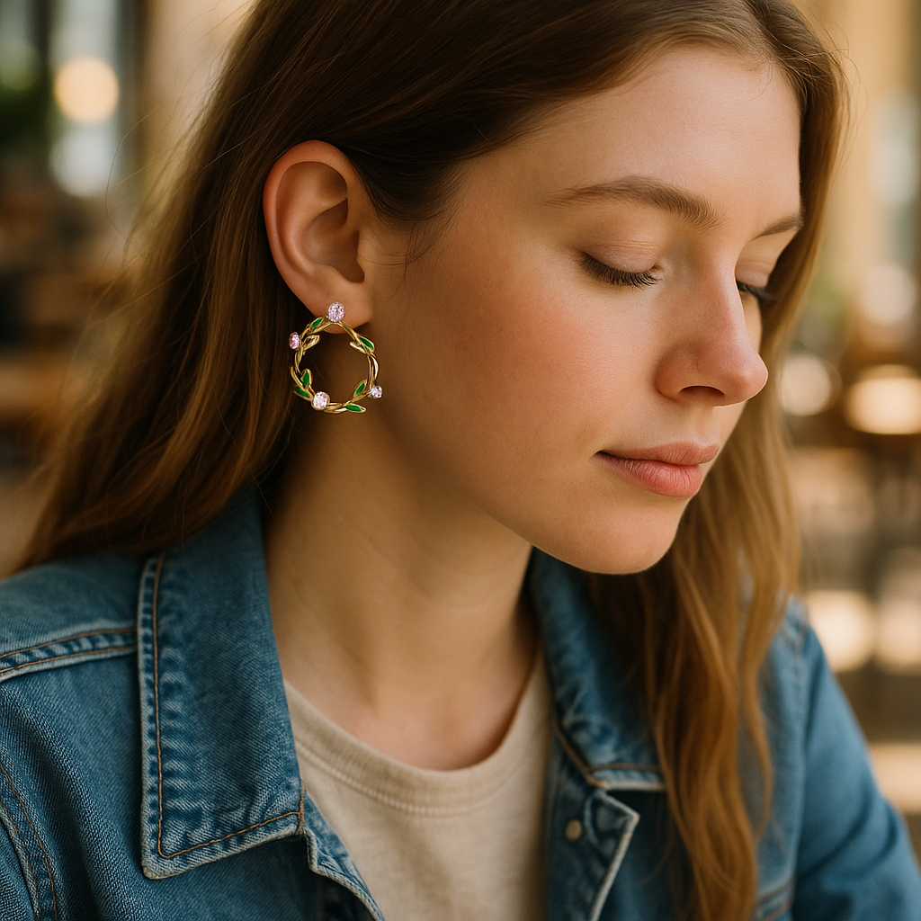 Woman wearing a Women's 18k gold plated hoop earring with a blurred background