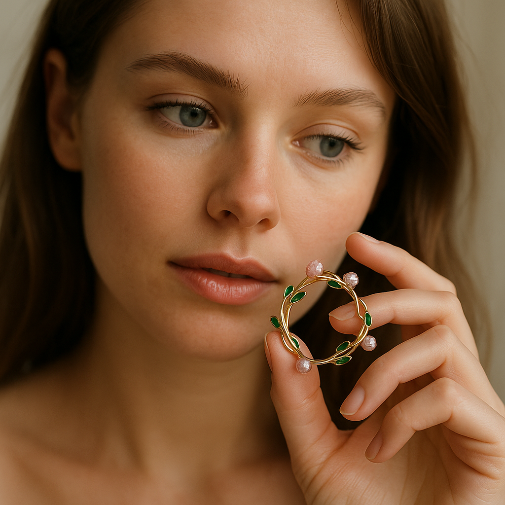 Close-up of a woman holding a gold earring with green and pink stones.