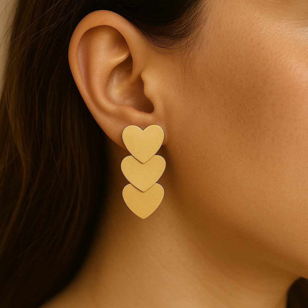 Close-up of an ear wearing a gold heart-shaped earring.