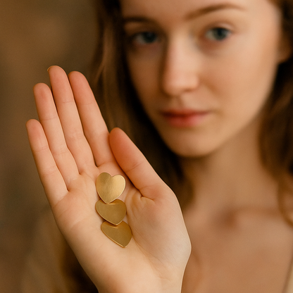 Woman holding three gold heart-shaped objects in her hand with a blurred background