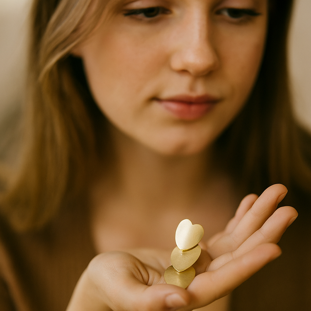Woman holding a gold heart-shaped object in her hand
