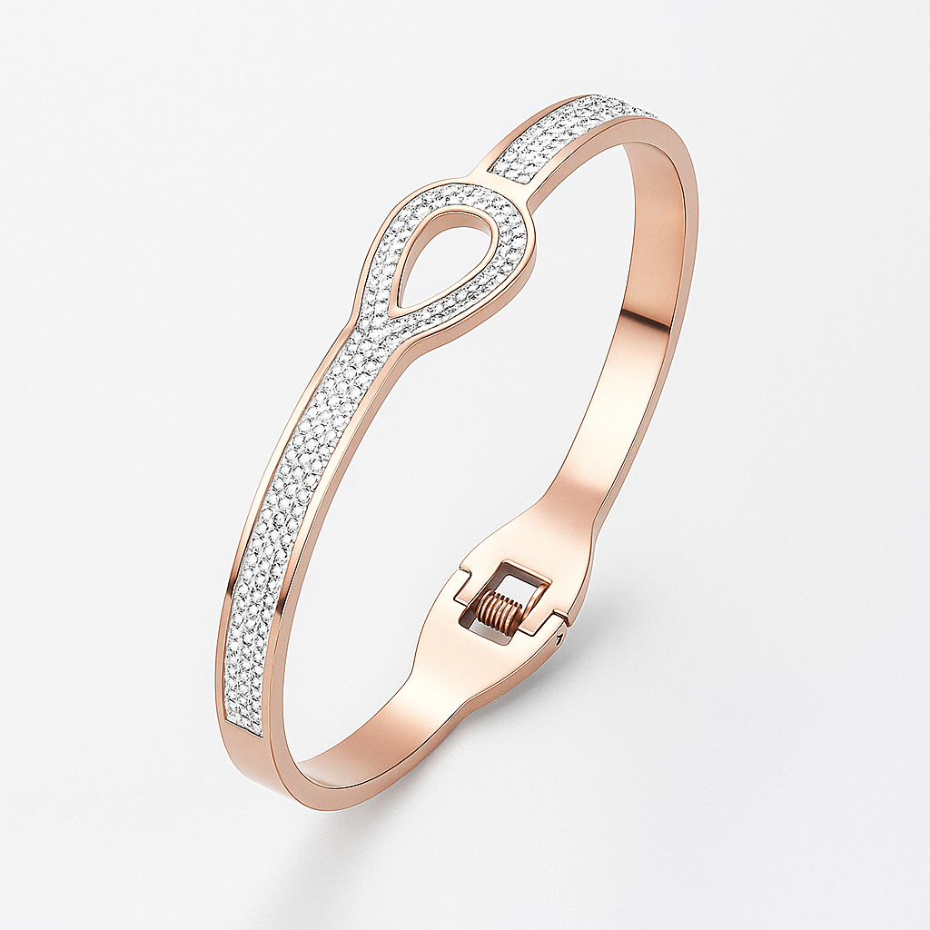 Rose gold bracelet with diamond accents on a light gray background