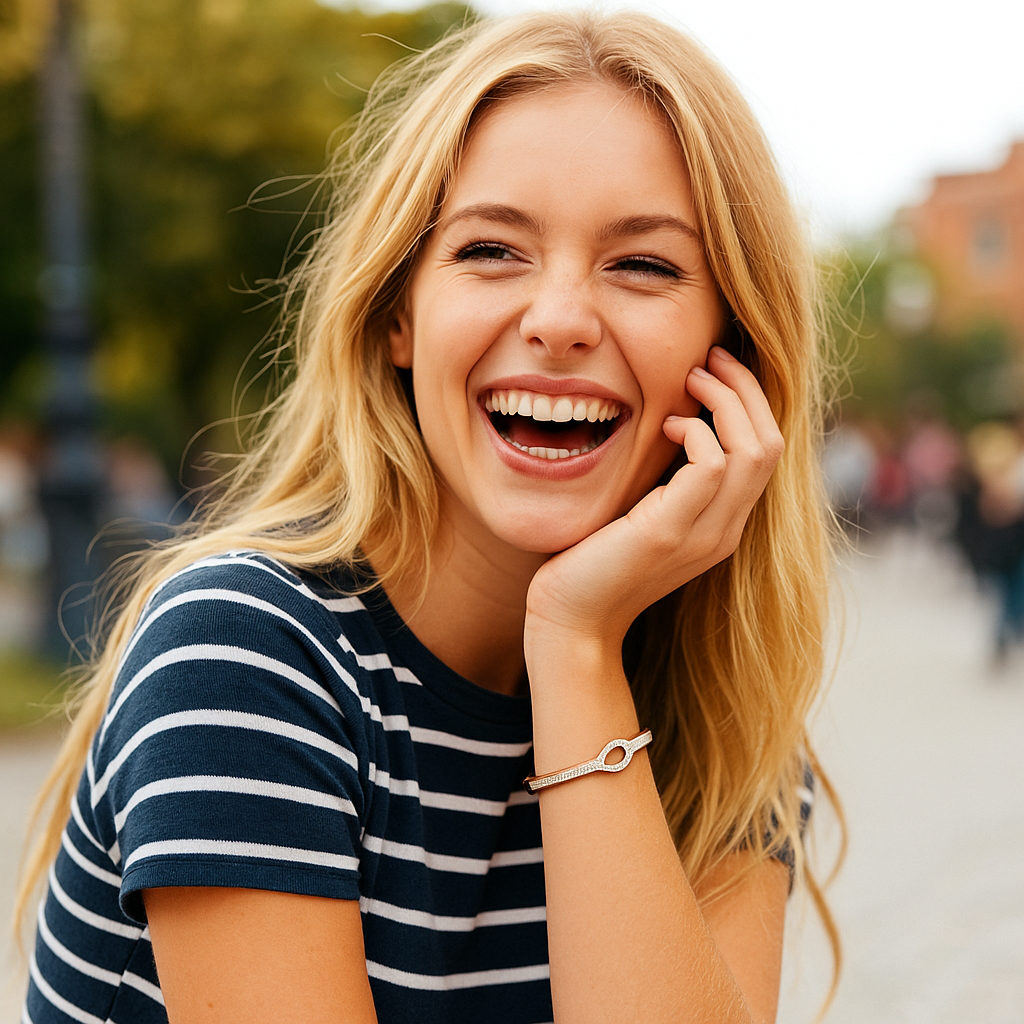 Woman with blonde hair wearing a striped shirt outdoors