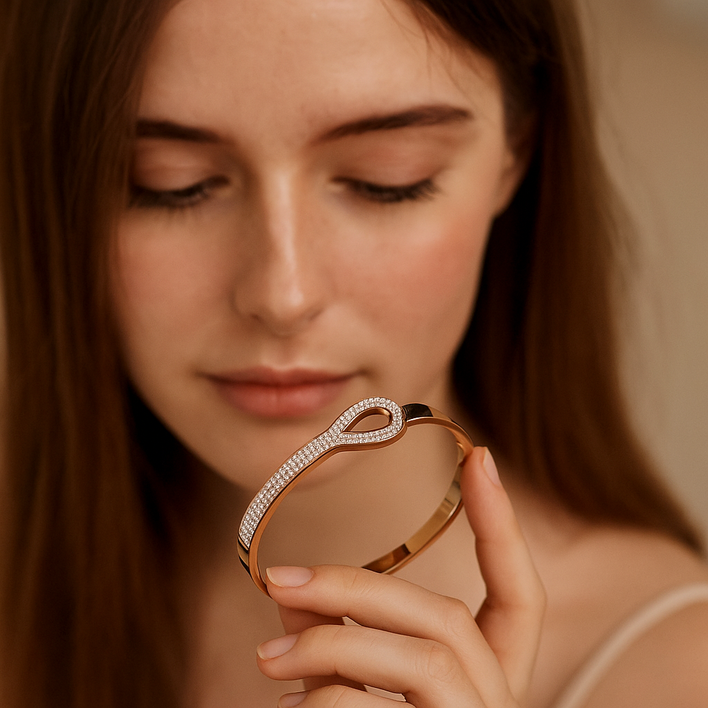 Woman holding a gold bracelet with a blurred background