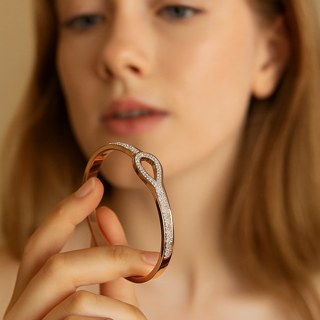 Woman holding a gold ring with diamond accents