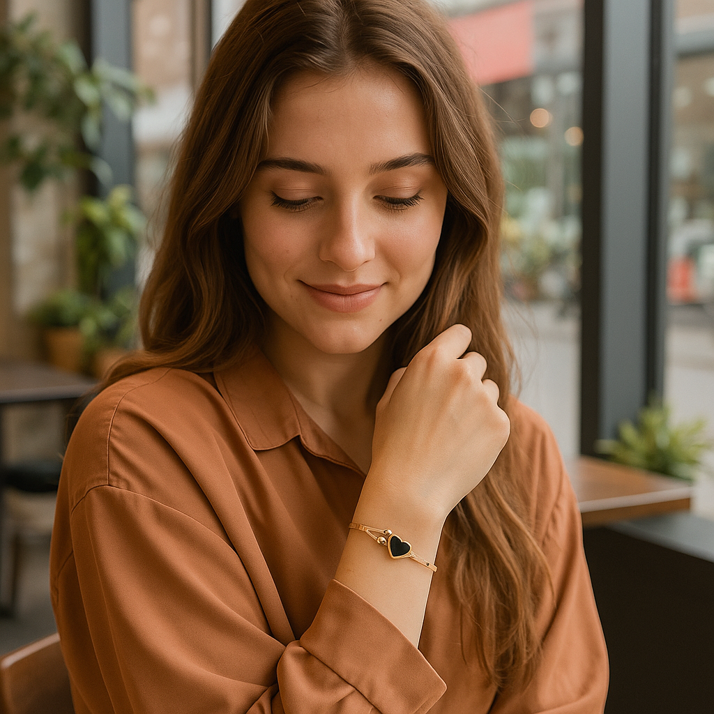 Woman wearing a gold bracelet with a heart charm in an indoor setting