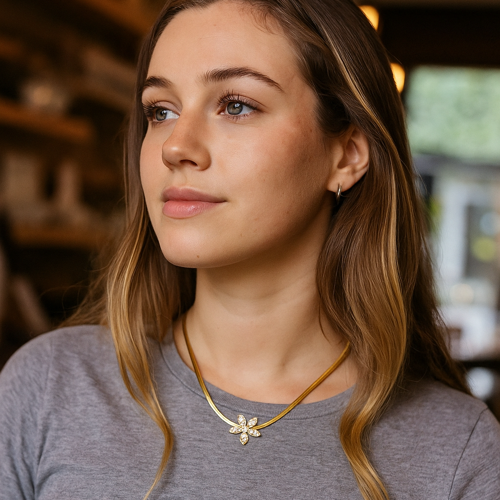Woman wearing a gray shirt and gold necklace with a pendant indoors.