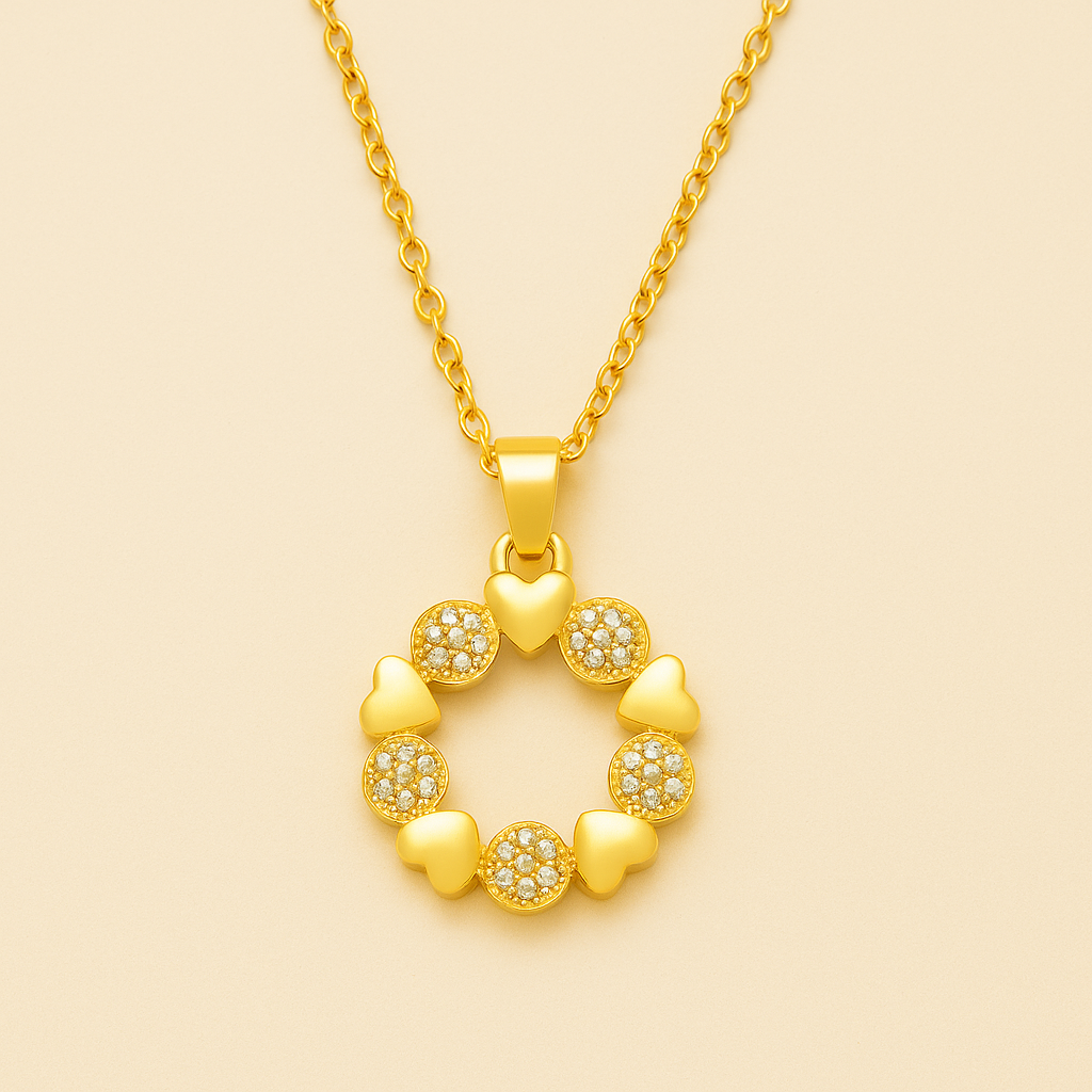 Gold necklace with a heart-shaped pendant on a beige background