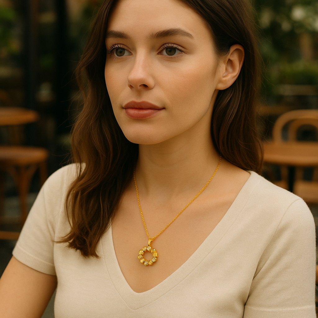 Woman wearing a gold necklace in an outdoor setting