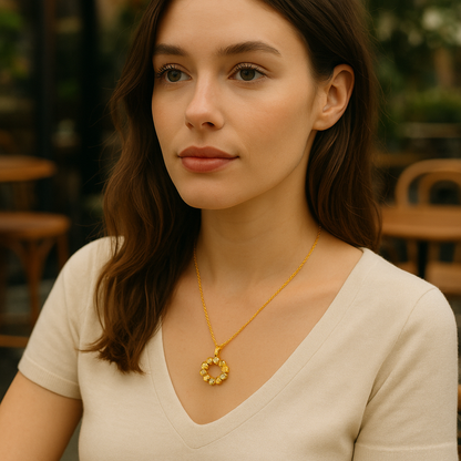 Woman wearing a gold necklace in an outdoor setting