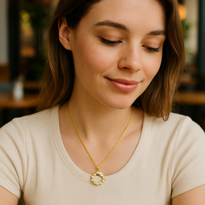 Woman wearing a gold necklace with a pendant in an indoor setting
