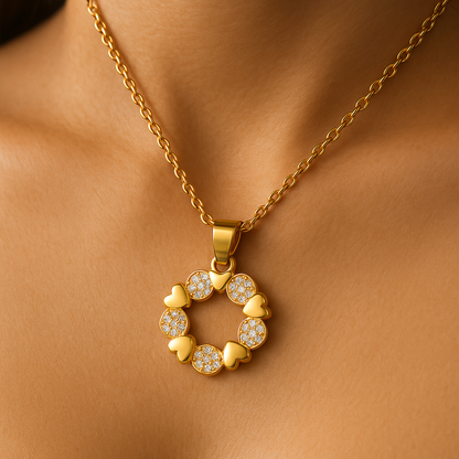 Gold necklace with a circular pendant featuring small diamonds on a person's neck.