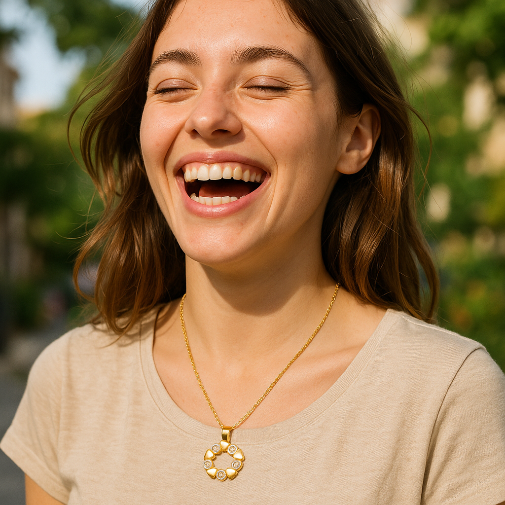 Woman wearing a gold necklace with a pendant, outdoors.