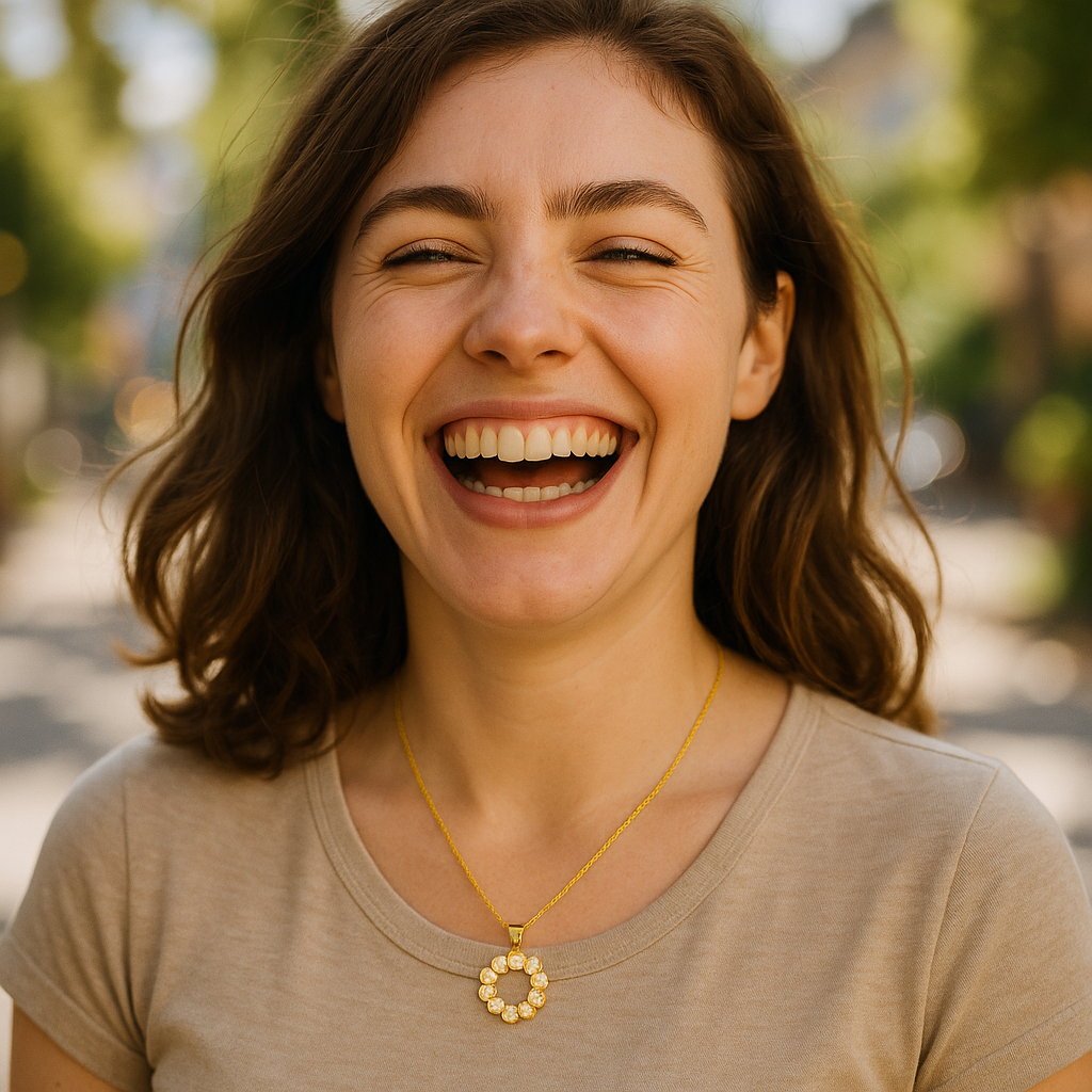 Woman laughing outdoors with a blurred background wearing 18k gold plated pendant necklace