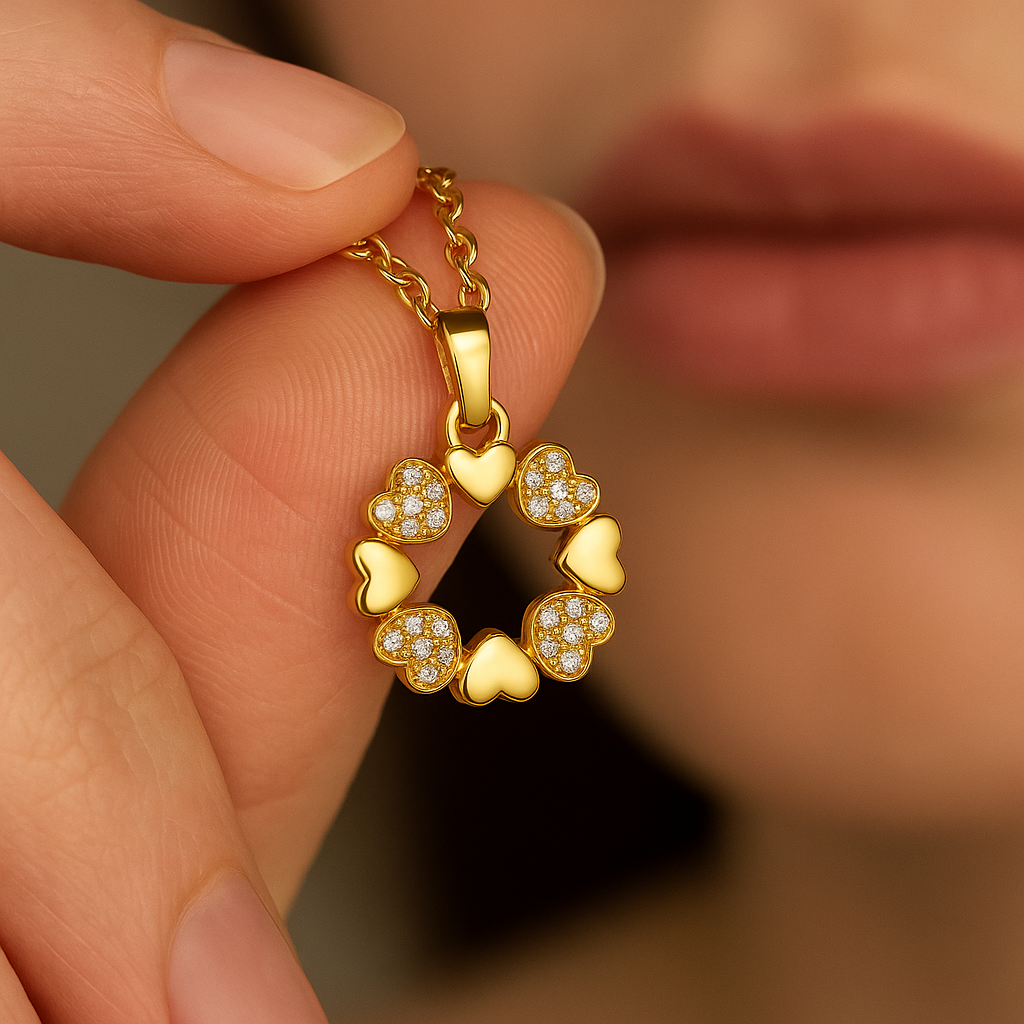 Gold heart-shaped necklace held by a hand with a blurred background