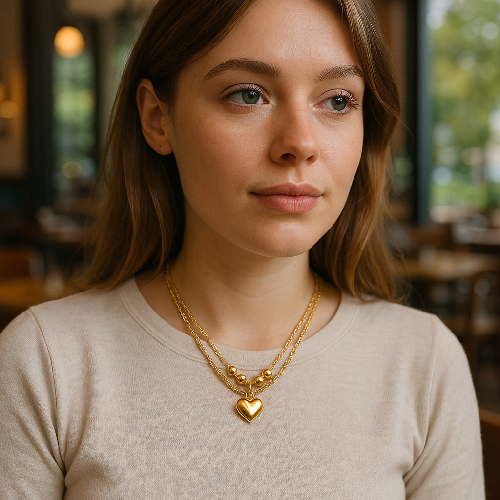 Woman wearing a gold necklace with heart pendant in a blurred indoor setting